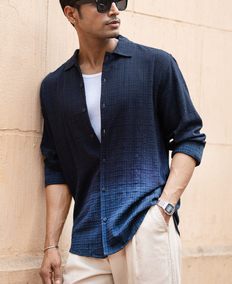 Navy Structured Ombre Shirt 100% Cotton